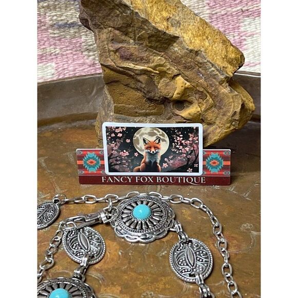 Concho Southwest Silver Unisex Chain belt adjustable to 52” Turquoise BIG stone main image 13
